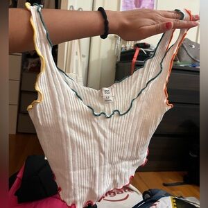 BDG White Ribbed Tank with Multicolor Lettuce-Edge Trim